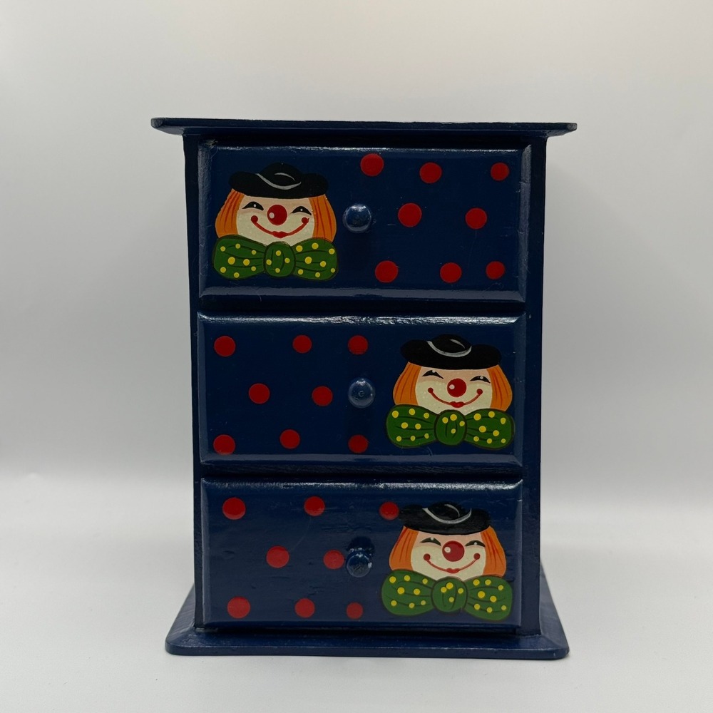 Vintage Wooden 7.5 IN Chest 3 Drawer Trinket Box Blue Red Polka Dot Clown Kitsch